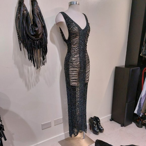 Vintage Distressed Crochet Maxi Dress in Metallic Black Thread - Picture 2 of 13